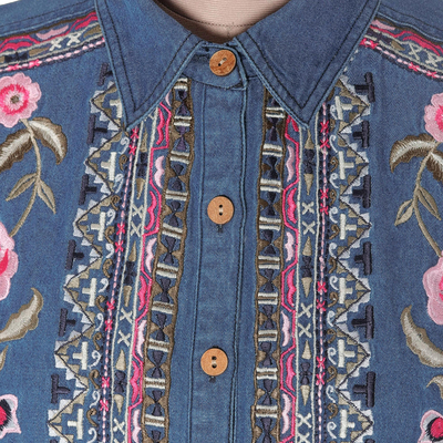 Denim blouse, 'Roses and Pansies' - Handcrafted Blue Cotton Denim Embroidered Long Sleeve Blouse