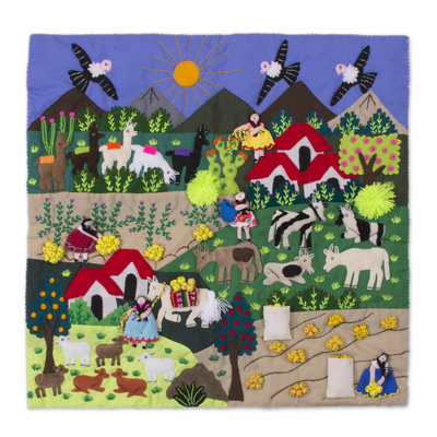 Cotton blend patchwork wall hanging, 'Andean Harvest' - Cotton Blend Patchwork Wall Hanging of an Andean Scene
