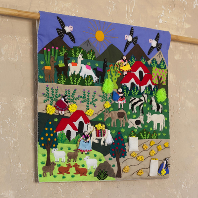 Cotton blend patchwork wall hanging, 'Andean Harvest' - Cotton Blend Patchwork Wall Hanging of an Andean Scene