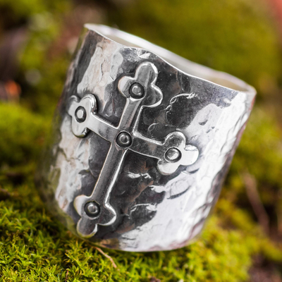 Sterling silver band ring, 'Rising Cross' - Handcrafted Andean Sterling Silver Cross Ring