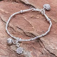 Silver beaded bracelet, 'Floral Sound' - Floral Karen Silver Beaded Bracelet with Bell Charm
