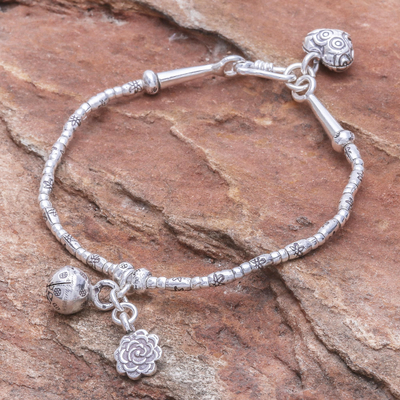 Silver beaded bracelet, 'Floral Sound' - Floral Karen Silver Beaded Bracelet with Bell Charm