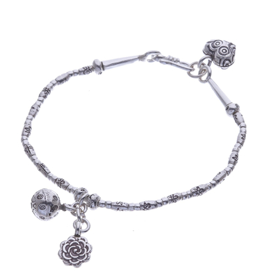 Silver beaded bracelet, 'Floral Sound' - Floral Karen Silver Beaded Bracelet with Bell Charm
