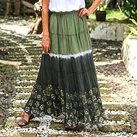 Cotton batik skirt, 'Festive Summer in Olive' - Tie Dye Cotton Batik Skirt in Olive and Coal Black Thailand