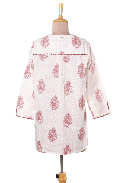Cotton tunic, 'Cerise Elegance' - Printed Cotton Tunic in Cerise and White from India
