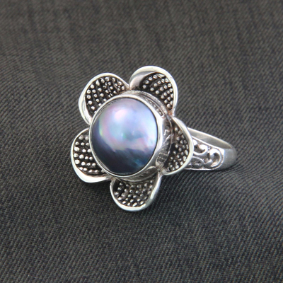 Cultured pearl cocktail ring, 'Blue Jasmine' - Handcrafted Floral Sterling Silver and Pearl Ring