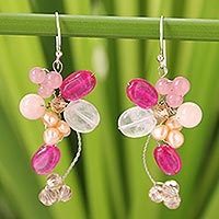 Cultured pearl and rose quartz cluster earrings, 'Radiant Bouquet' - Handcrafted Cultured Pearl and Rose Quartz Cluster Earrings