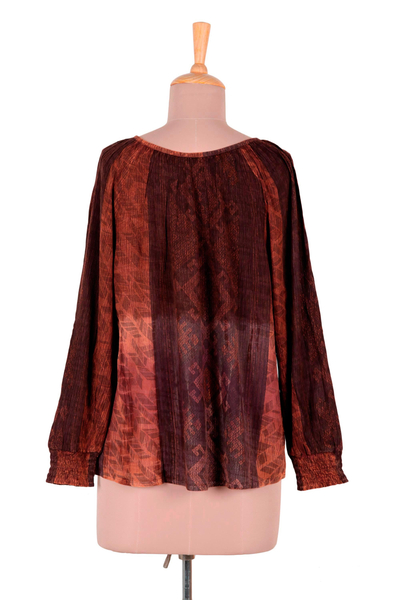 Rayon peasant blouse, 'Russet Fusion' - Embroidered Russet ad Midnight Peasant Blouse