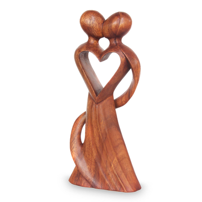 Wood statuette, 'My Heart and Yours' - Original Wood Sculpture Hand Carved in Indonesia