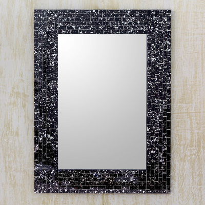 Glass mosaic wall mirror, 'Twilight Cosmos' - Hand Crafted Glass Mosaic Mirror Frame in Black and Silver