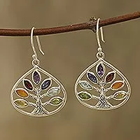 Multi-gemstone dangle earrings, 'Energy Tree' - Multi-Gemstone Chakra Tree Dangle Earrings from India