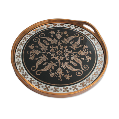 Reverse painted glass tray, 'Black Colonial Medallion' - Andean Black and Gold Reverse Painted Glass Serving Tray