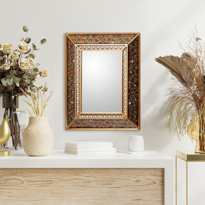 Cedar mirror, 'Flowers on Gold' - Hand Crafted Floral Glass Mirror