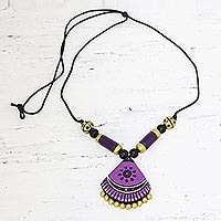 Ceramic pendant necklace, 'Lavender Harmony' - Hand Crafted Ceramic Pendant Necklace from India