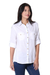 Blusa de algodón - Blusa de mujer de algodón blanca con ribete floral azul