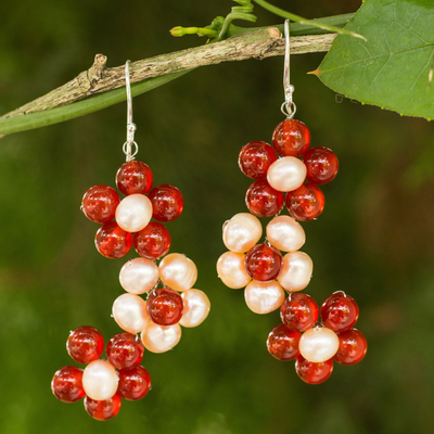 Cultured pearl and carnelian flower earrings, 'Glowing Bouquet' - Handmade Pearl and Carnelian Flower Earrings