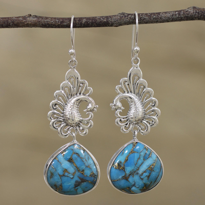 Sterling silver dangle earrings, 'Blue Peacock Majesty' - Sterling Silver Peacock Dangle Earrings from India