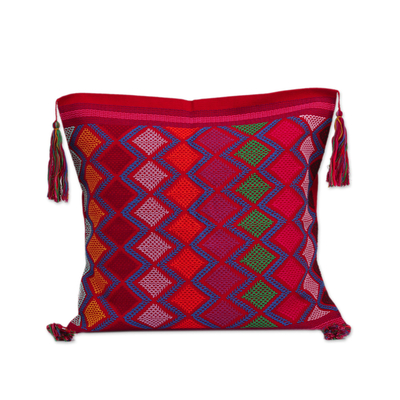 Cotton cushion cover, 'Diamond Dream' - Red Cotton Hand Woven Colorful Diamond Motif Cushion Cover