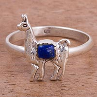 Lapis lazuli cocktail ring, 'Andean Llama' - Lapis Lazuli and Silver Llama Cocktail Ring from Peru