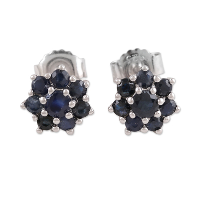 Sapphire stud earrings, 'Floral Moonlight' - Handcrafted Sapphire and Sterling Silver Stud Earrings