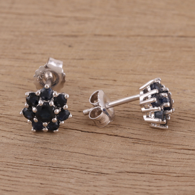 Sapphire stud earrings, 'Floral Moonlight' - Handcrafted Sapphire and Sterling Silver Stud Earrings