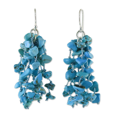 Calcite waterfall earrings, 'Endless Rain' - Blue Calcite and Silk Waterfall Earrings from Thailand