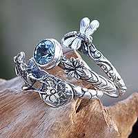 Blue topaz stacking rings, 'Garden of Eden' (set of 3) - Dragonfly and Frog on Silver Blue Topaz Stacking Rings (3)