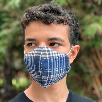 Gesichtsmasken aus Hanf und Baumwolle, (3er-Set) - Drei handgefertigte thailändische Gesichtsmasken – 1 Hanf und 2 blaue Baumwolle