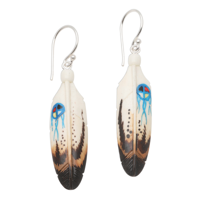 Bone dangle earrings, 'Fanciful Feathers' - Handcrafted Carved Bone Painted Feather Theme Earrings