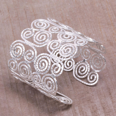 Sterling silver cuff bracelet, 'Swirling Lattice' - Spiral Motif Sterling Silver Cuff Bracelet from Bali