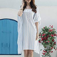Cotton caftan, 'Cerulean Summer' - Cotton Caftan with Cerulean Stripes from India