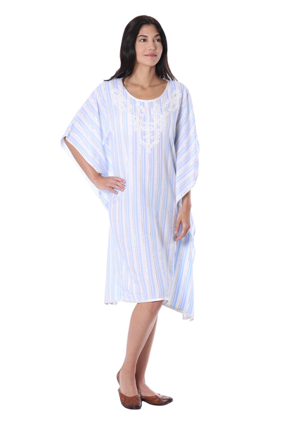 Cotton caftan, 'Cerulean Summer' - Cotton Caftan with Cerulean Stripes from India
