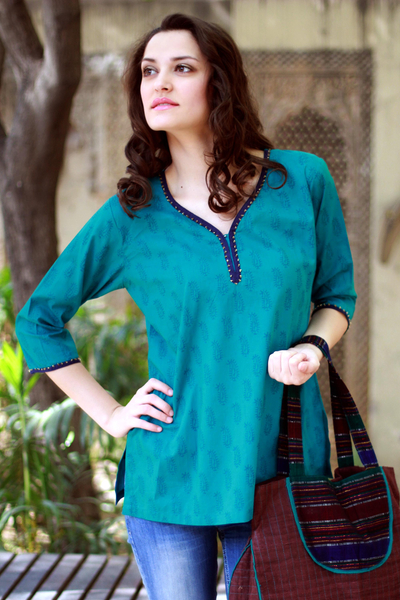 Beaded cotton tunic, 'Turquoise in Delhi' - Cotton Tunic Top Embellished Blouse Block Print Hand Made