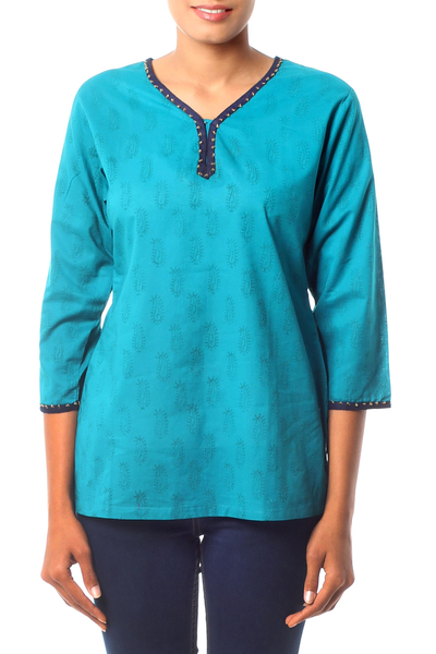 Beaded cotton tunic, 'Turquoise in Delhi' - Cotton Tunic Top Embellished Blouse Block Print Hand Made