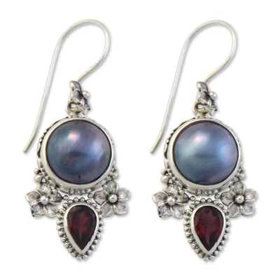 Cultured pearl and garnet floral earrings, 'Frangipani Trio' - Pearl and Garnet Silver Dangle Earrings