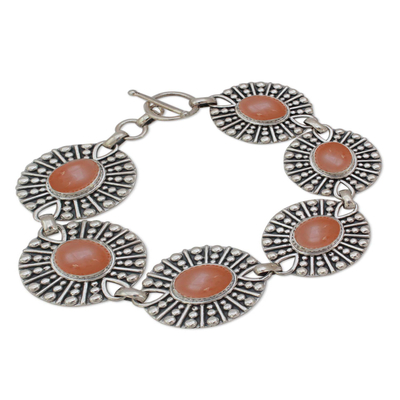 Peach moonstone link bracelet, 'Mughal Aura' - Indian Sterling Silver Moonstone Link Bracelet