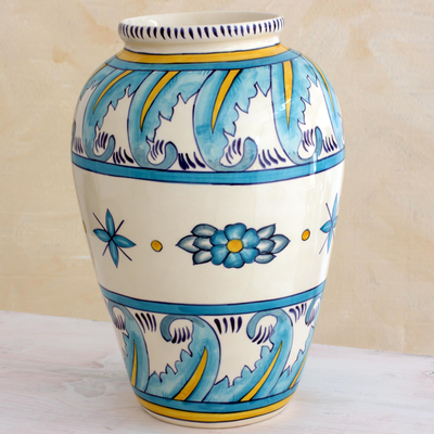 Ceramic vase, 'Bermuda' (large) - Artisan Crafted Floral Ceramic Vase (Large)