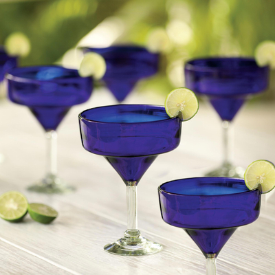 Blown glass margarita glasses, 'Ever Blue' (set of 5) - 5 Eco Friendly Hand Blown Deep Blue Margarita Glasses