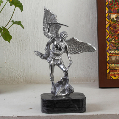 Aluminum and marble sculpture, 'Archangel Michael in Grey' - Cast Aluminum and Marble Archangel Michael Sculpture