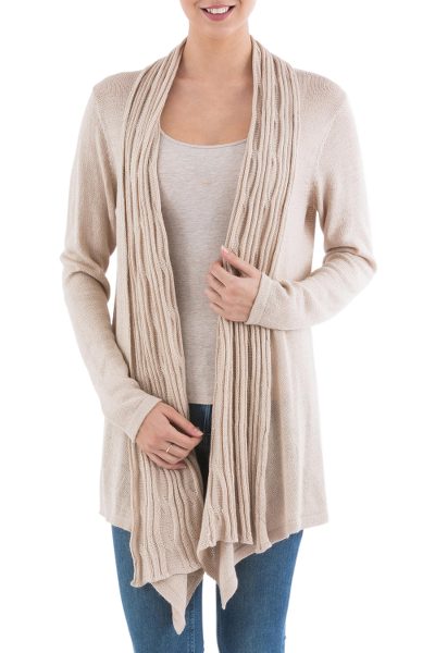 Cardigan sweater, 'Beige Waterfall Dream' - Long Sleeved Beige Cardigan Sweater from Peru