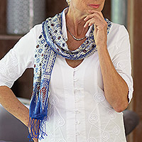 Silk batik scarf, 'Blue Jasmine'