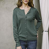 Cotton blend cardigan, 'Simple Style in Viridian' - Cotton Blend Cardigan in Viridian from Peru