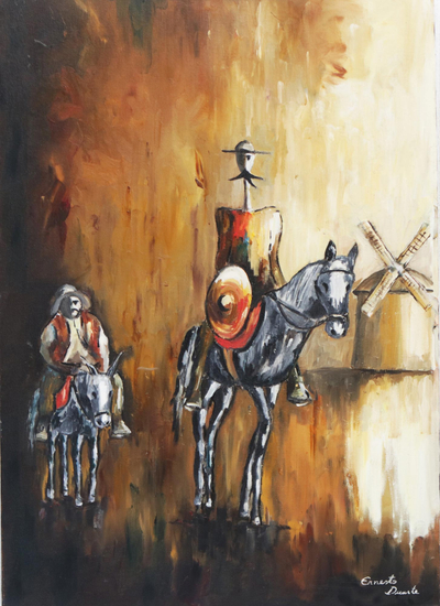 'Don Quixote and Windmill' - Don Quixote-Themed Expressionist Painting from Brazil