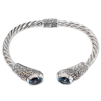 Gold accented blue topaz cuff bracelet, 'Sterling Rope' - Blue Topaz Sterling Silver Cuff Bracelet from Indonesia