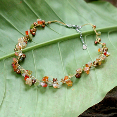 Pearl and carnelian strand necklace, 'Tropical Elite' - Beaded Carnelian and Pearl Necklace
