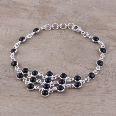 Onyx link bracelet, 'Midnight Orbs' - Sterling Silver and Black Onyx Midnight Orbs Link Bracelet