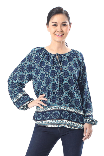Rayon blouse, 'Fascinating Evening' - Floral Motif Rayon Blouse in Blue from Thailand