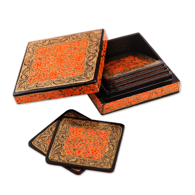Papier mache coasters, 'Kashmir Warmth' (set of 6) - Orange Floral Motif Papier Mache Coasters (Set of 6)