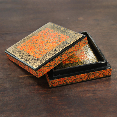Papier mache coasters, 'Kashmir Warmth' (set of 6) - Orange Floral Motif Papier Mache Coasters (Set of 6)