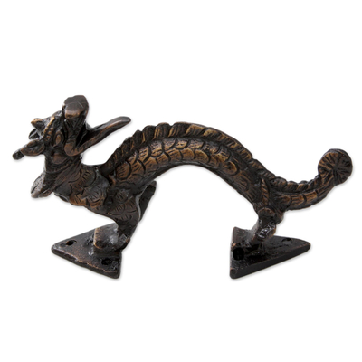 Brass door handle, 'Dragon Passage' - Antiqued Indian Dragon Door Handle in Copper Plated Brass